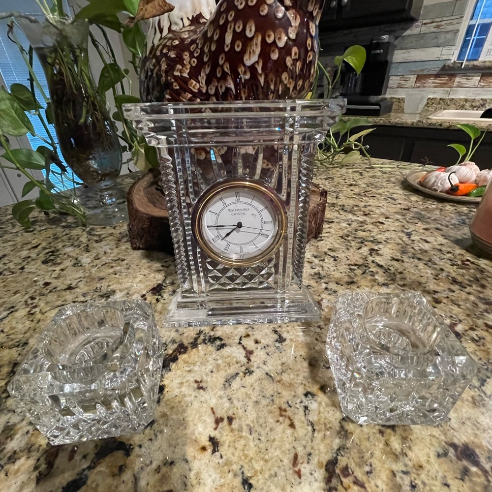Waterford Crystal clock with 2 candle holders and extra batteries
